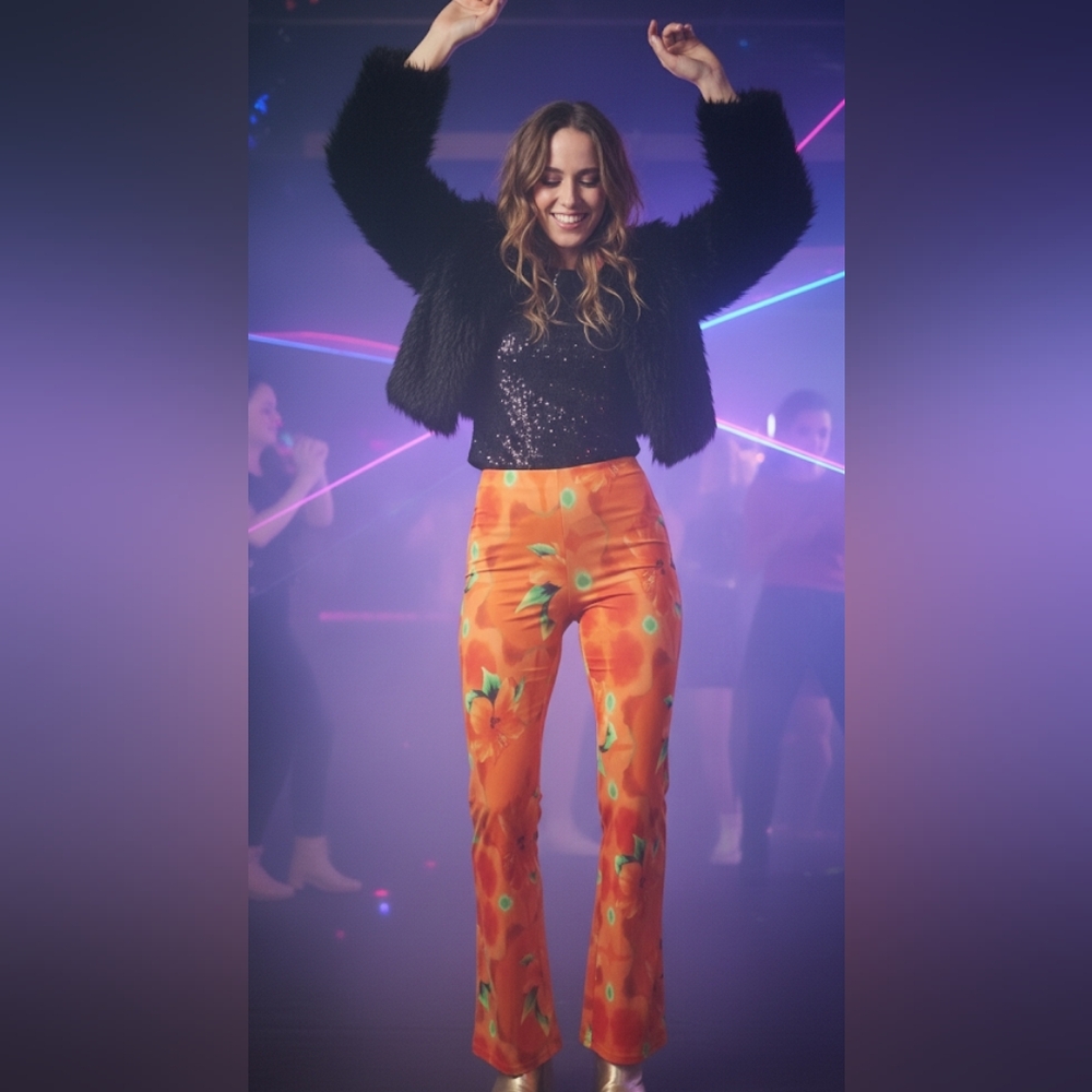 Escada orange floral printed flare pants size S (36)